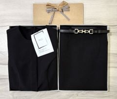 VGU1446 SET ÁO TÙNG PEPLUM - CHÂN VÁY A + NỊT (ĐEN)