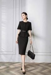 VGU1446 SET ÁO TÙNG PEPLUM - CHÂN VÁY A + NỊT (ĐEN)