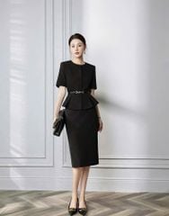 VGU1446 SET ÁO TÙNG PEPLUM - CHÂN VÁY A + NỊT (ĐEN)