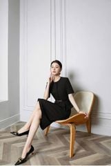 VGU1446 SET ÁO TÙNG PEPLUM - CHÂN VÁY A + NỊT (ĐEN)