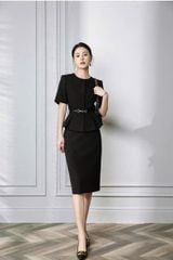 VGU1446 SET ÁO TÙNG PEPLUM - CHÂN VÁY A + NỊT (ĐEN)