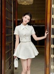 VGU1444 SET DẠ CỔ CÁNH BƯỚM - CHÂN VÁY NGẮN