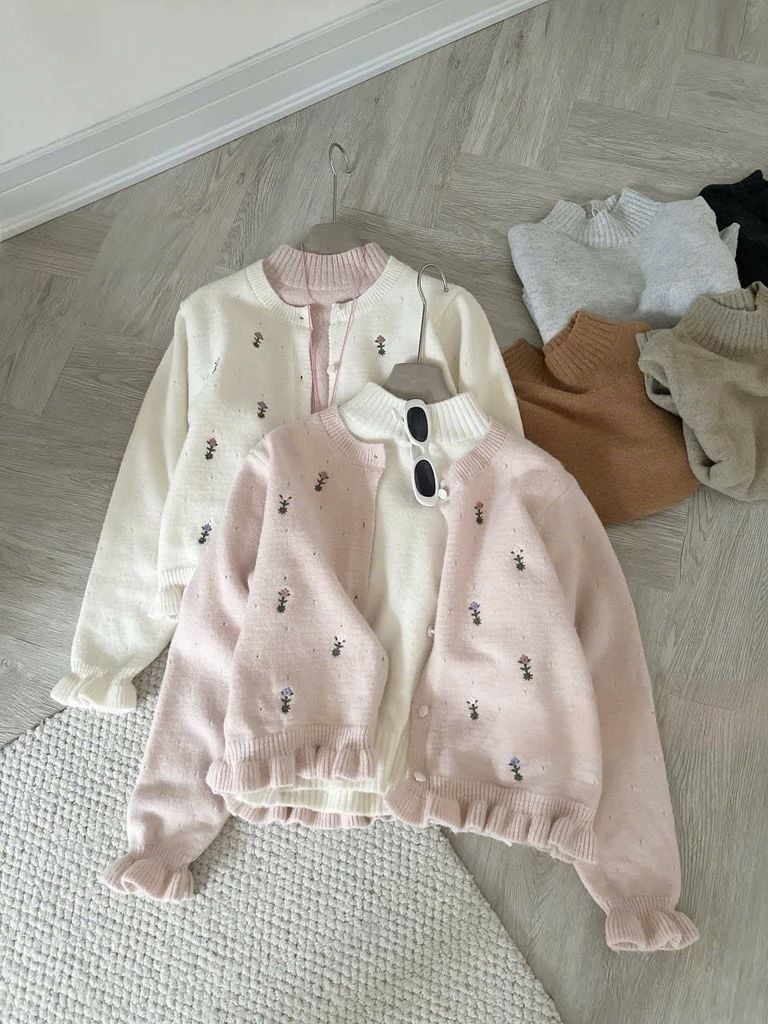 LEN3947 ÁO LEN HOA VIỀN BÈO (HỒNG)