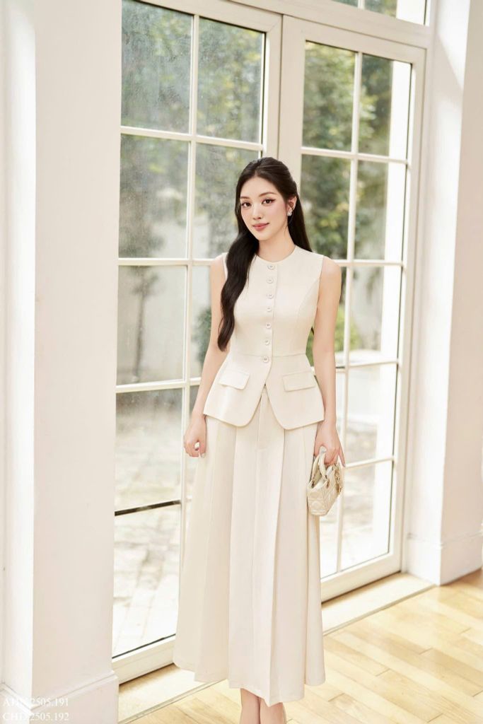 TB5865 SET GILE PHỐI NÚT - CHÂN VÁY DÀI KEM