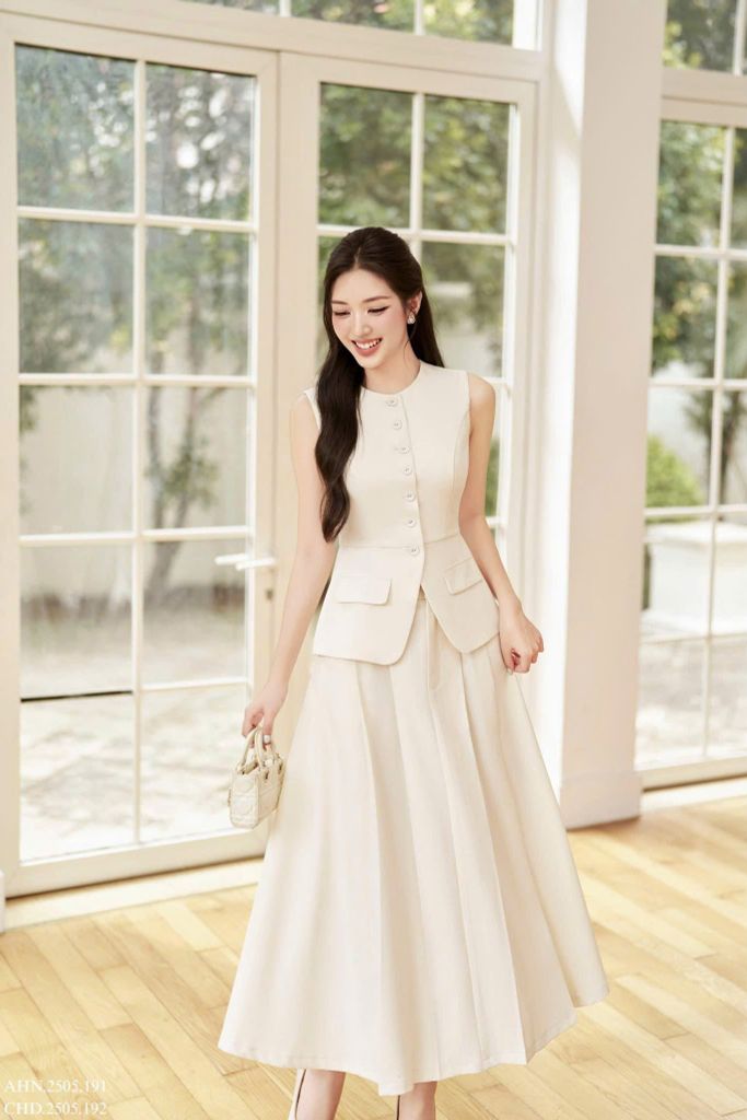TB5865 SET GILE PHỐI NÚT - CHÂN VÁY DÀI KEM