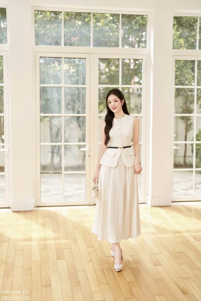 TB5865 SET GILE PHỐI NÚT - CHÂN VÁY DÀI KEM