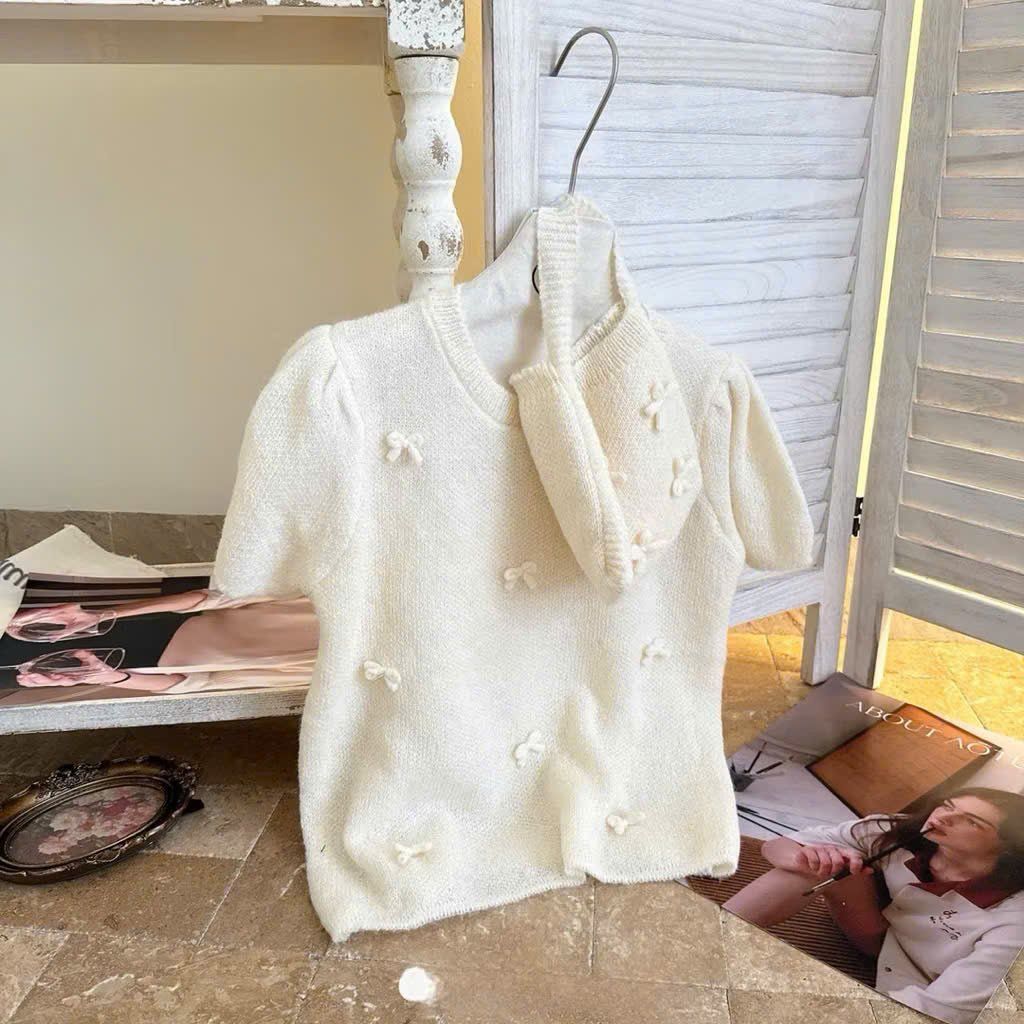 LEN4029 ÁO LEN ĐÍNH NƠ + TÚI (KEM)