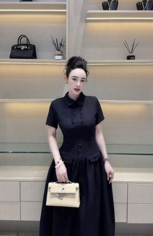 TB9421 ĐẦM CỔ SƠ MI ĐÍNH NÚT (XANH ĐEN )