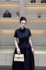 TB9421 ĐẦM CỔ SƠ MI ĐÍNH NÚT (XANH ĐEN )