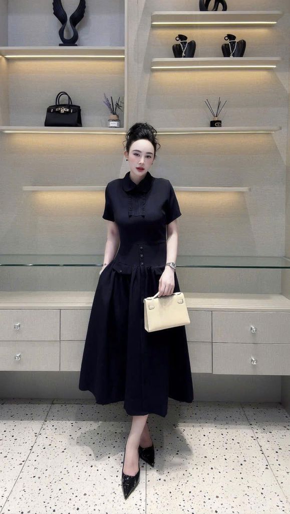 TB9421 ĐẦM CỔ SƠ MI ĐÍNH NÚT (XANH ĐEN )