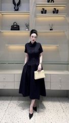 TB9421 ĐẦM CỔ SƠ MI ĐÍNH NÚT (XANH ĐEN )