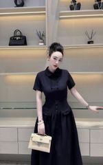 TB9421 ĐẦM CỔ SƠ MI ĐÍNH NÚT (XANH ĐEN )