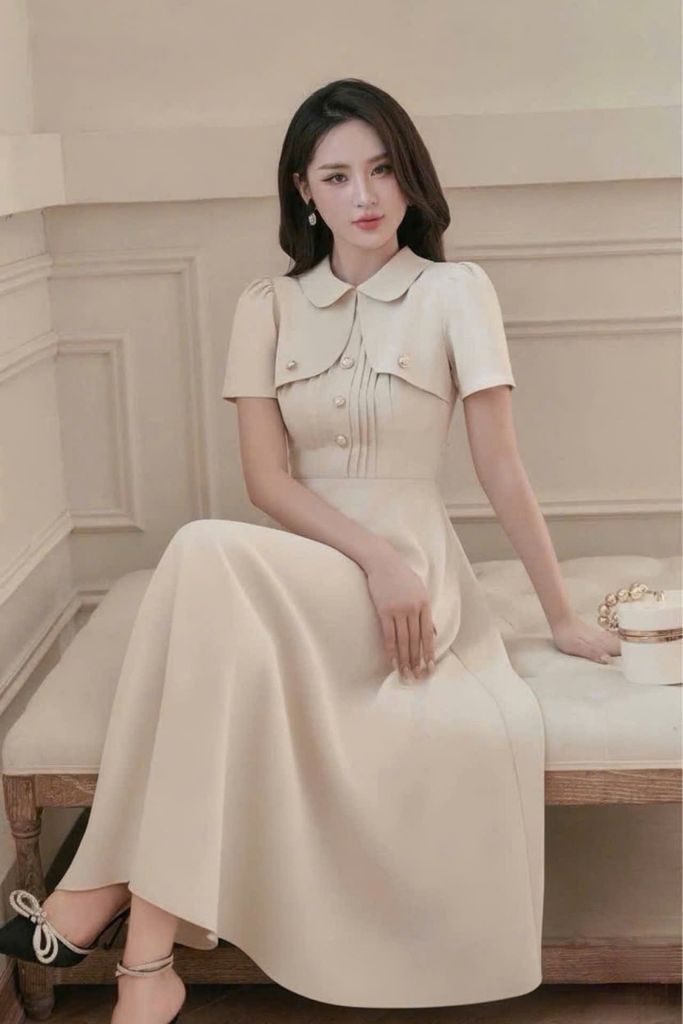 VGU1829 ĐẦM CỔ ĐÍNH NƠ (MÀU DA)