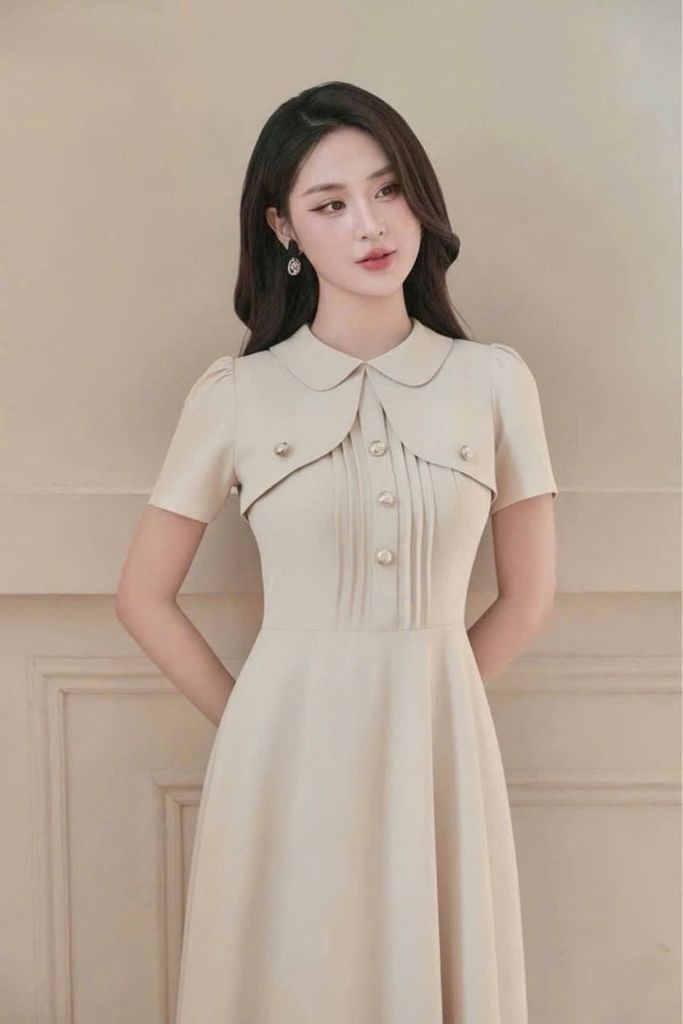 VGU1829 ĐẦM CỔ ĐÍNH NƠ (MÀU DA)