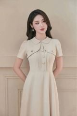 VGU1829 ĐẦM CỔ ĐÍNH NƠ (MÀU DA)