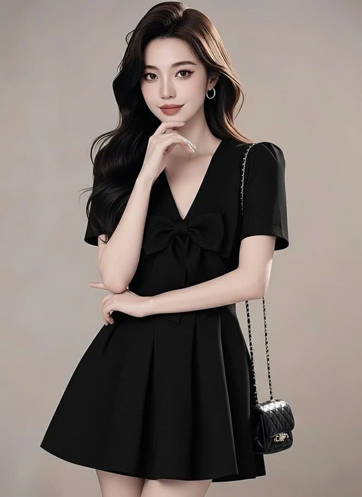 VGU1827 ĐẦM CỔ V ĐÍNH NƠ NGỰC