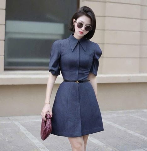 VGU1856 ĐẦM NGẮN CỔ SƠ MI KÈM NỊT