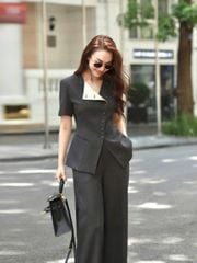 SKY9633 SET VEST CỔ SẺ V ĐÍNH NÚT (XÁM )