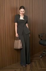 SKY9633 SET VEST CỔ SẺ V ĐÍNH NÚT (XÁM )