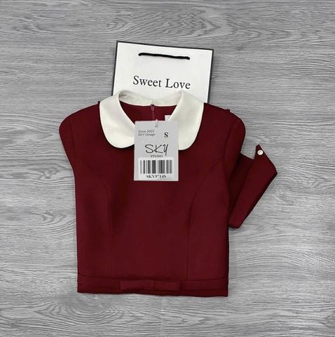 SKY9714 ĐẦM DÀI CỔ SEN  EO ĐÍNH NƠ (ĐỎ ĐÔ )