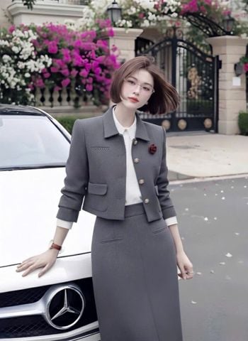 VGU2061 SET ÁO ĐÍNH HOA +CV DÀI KO KÈM NỊT (SET 3 MÓN ) XÁM