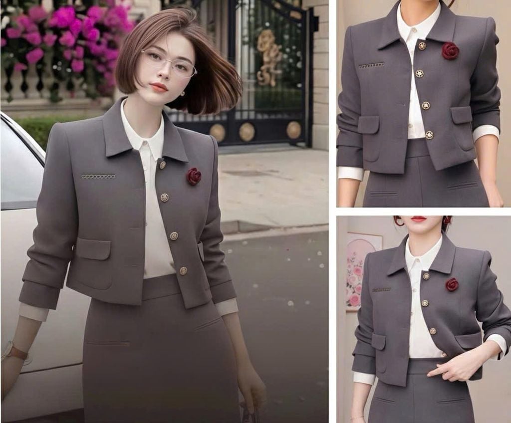 VGU2061 SET ÁO ĐÍNH HOA +CV DÀI KO KÈM NỊT (SET 3 MÓN ) XÁM