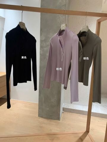 LEN6059 ÁO THUN TAY DÀI PHỐI NÚT ( ĐEN )