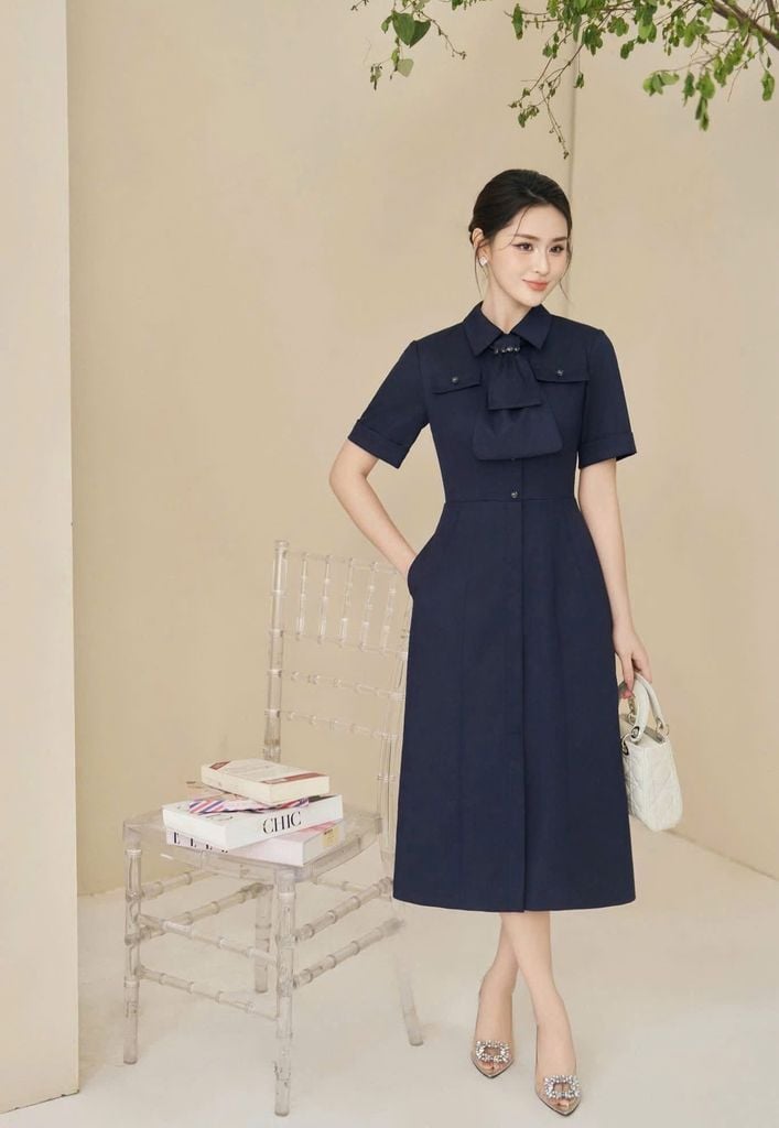 VGU2073 ĐẦM SƠ MI CỔ NƠ