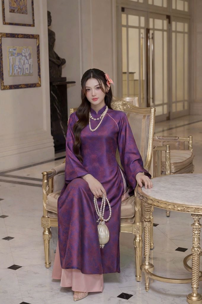 VGU2349 ÁO DÀI GẤM (TÍM )