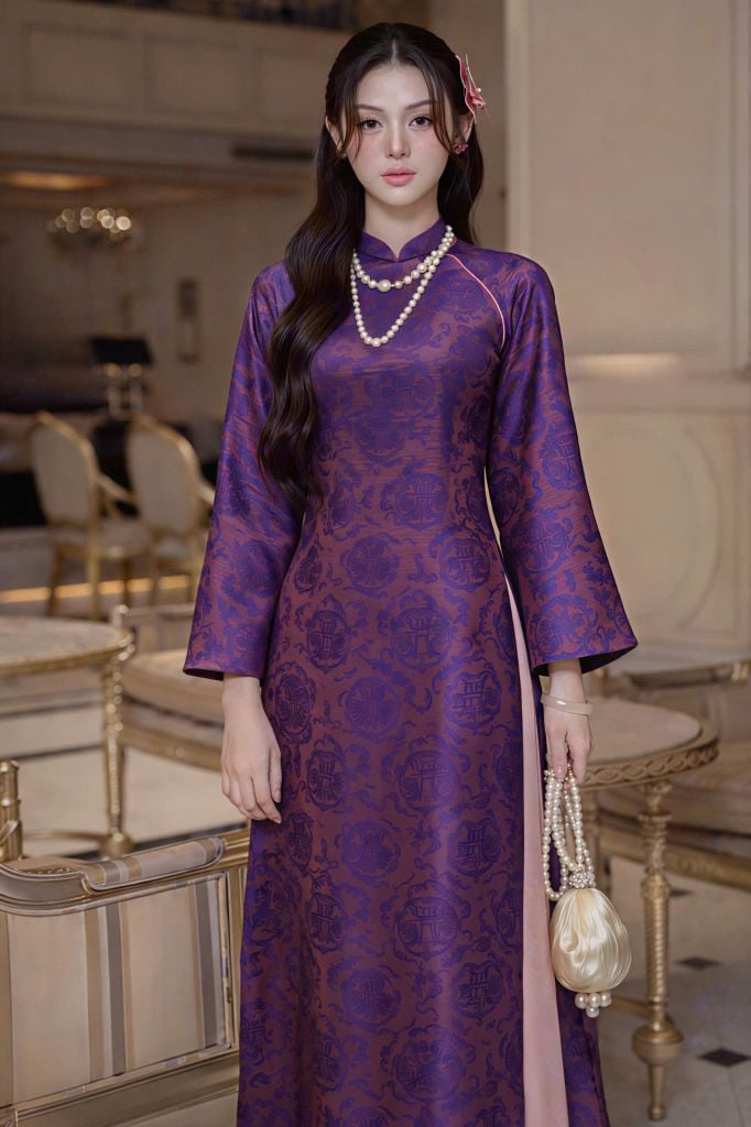 VGU2349 ÁO DÀI GẤM (TÍM )