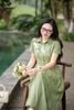 Đầm xanh cốm loang cổ đức DL1124