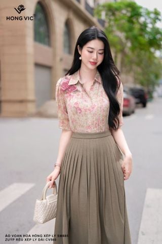 Áo voan hoa hồng xếp ly SM885
