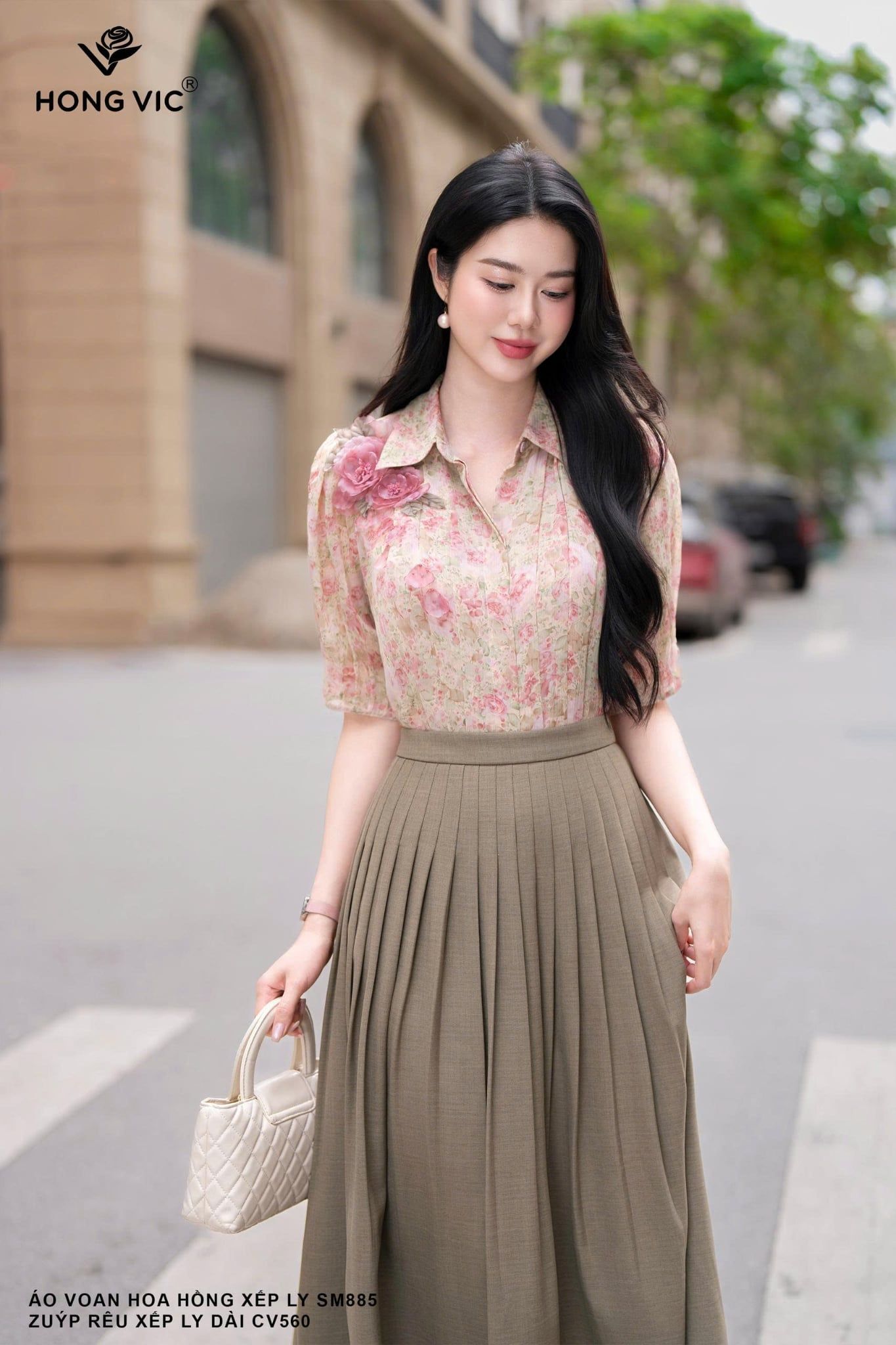 Áo voan hoa hồng xếp ly SM885