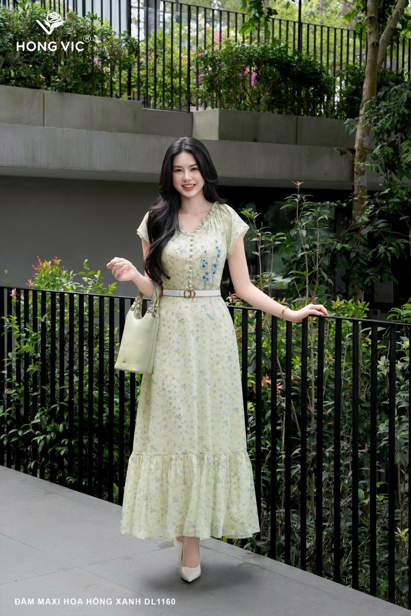 Đầm maxi hoa hồng xanh DL1160