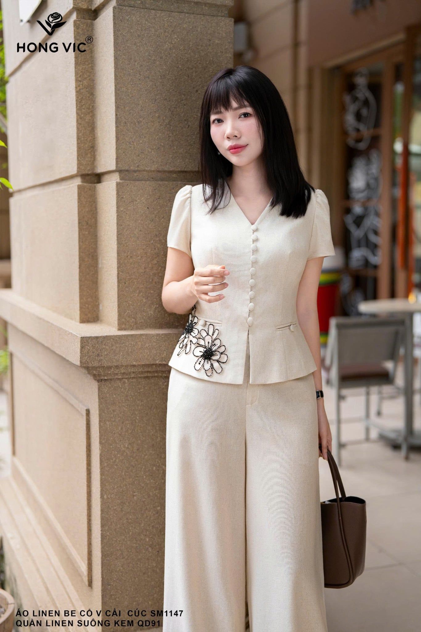 Áo linen be cổ V cài cúc SM1147