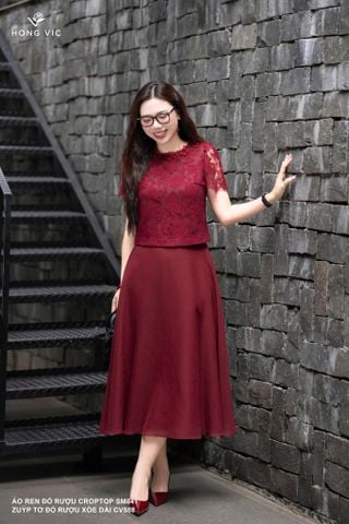 Zuýp tơ đỏ rượu xòe dài CV588
