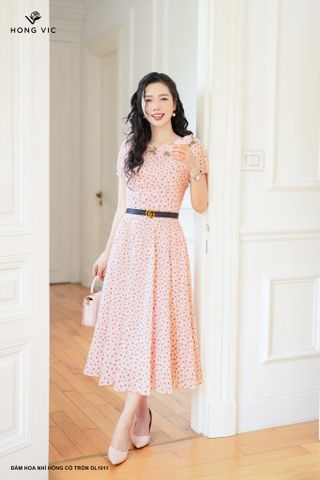 Đầm hoa nhí hồng cổ tròn DL1011