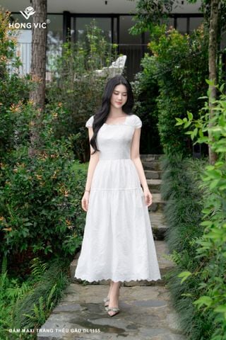 Đầm maxi trắng thêu gấu DL1155