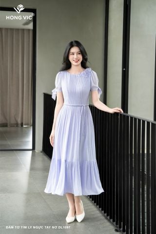 Đầm tơ tím ly ngực tay nơ DL1097