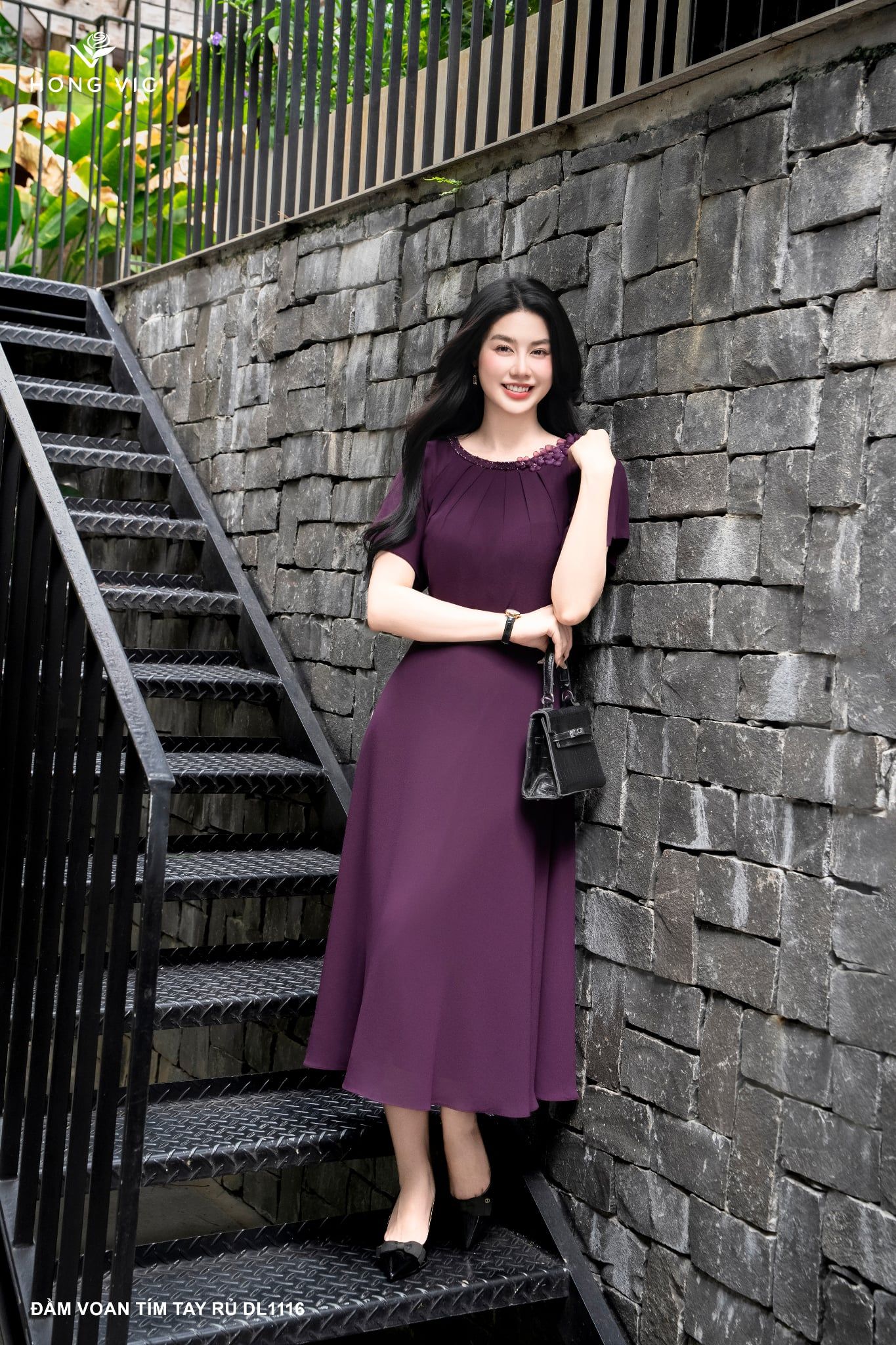 Đầm voan tím tay rủ DL1116