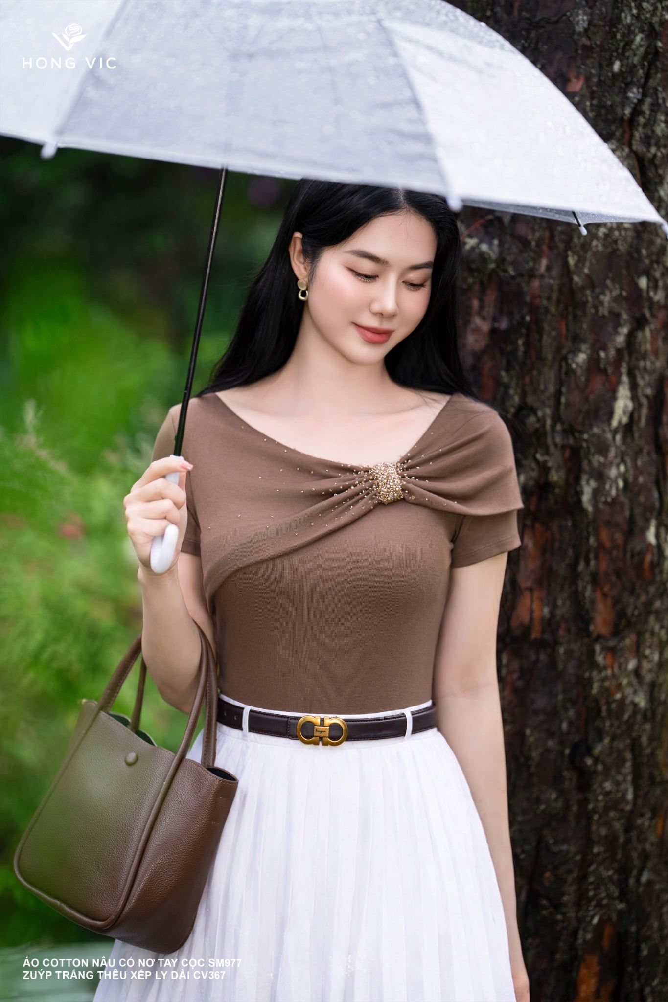 Áo cotton nâu cổ nơ cộc tay SM977