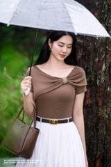 Áo cotton nâu cổ nơ cộc tay SM977