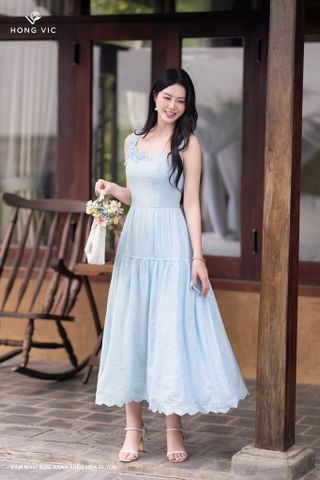 Đầm maxi boil xanh thêu hoa DL1136