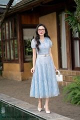 Đầm ren xanh ánh kim cổ V DL1120