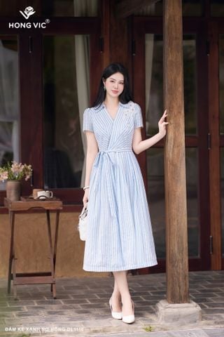 Đầm kẻ xanh nơ hông DL1110