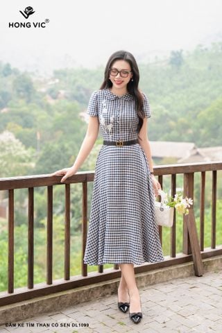 Đầm kẻ tím than cổ sen DL1099