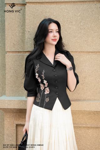Áo ký giả linen đen tay bồng SM940