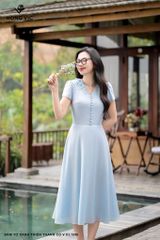 Đầm tơ xanh thiên thanh cổ V DL1096