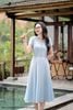 Đầm tơ xanh thiên thanh cổ V DL1096