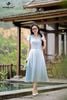 Đầm tơ xanh thiên thanh cổ V DL1096